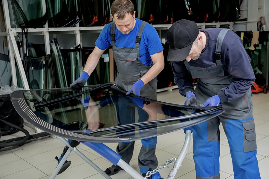 KFZ-Spezialarbeiter, die die Windschutzscheibe eines Autos in der Autotankstelle ersetzen - EKS Stuttgart